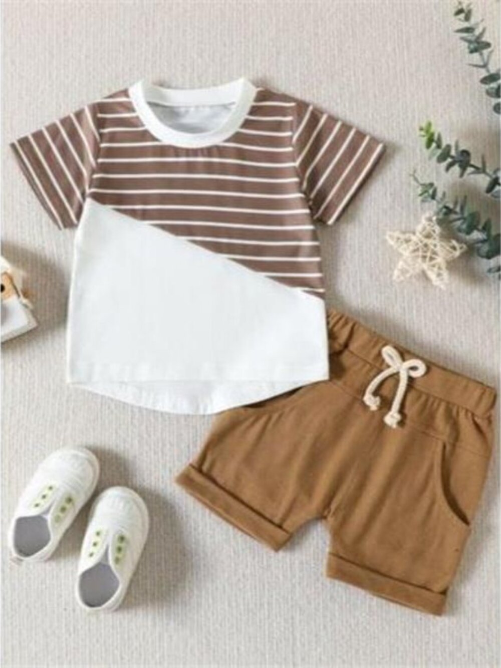 Children's Striped Color Block Casual Top and Shorts Set - Picture 6 of 11